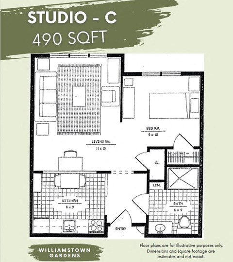Floor plan for studio, 1 bath, 490 sqft